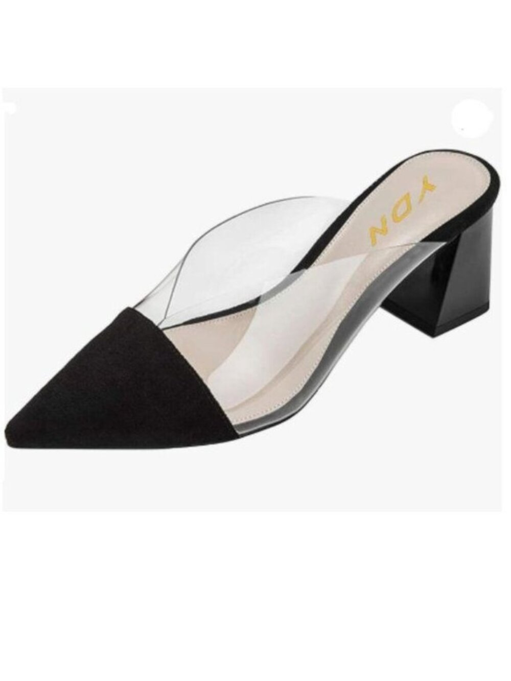 YDN Black Clear Slip On Mules Pointed Toe Pumps Chunky Mid Heels Sandals Shoes